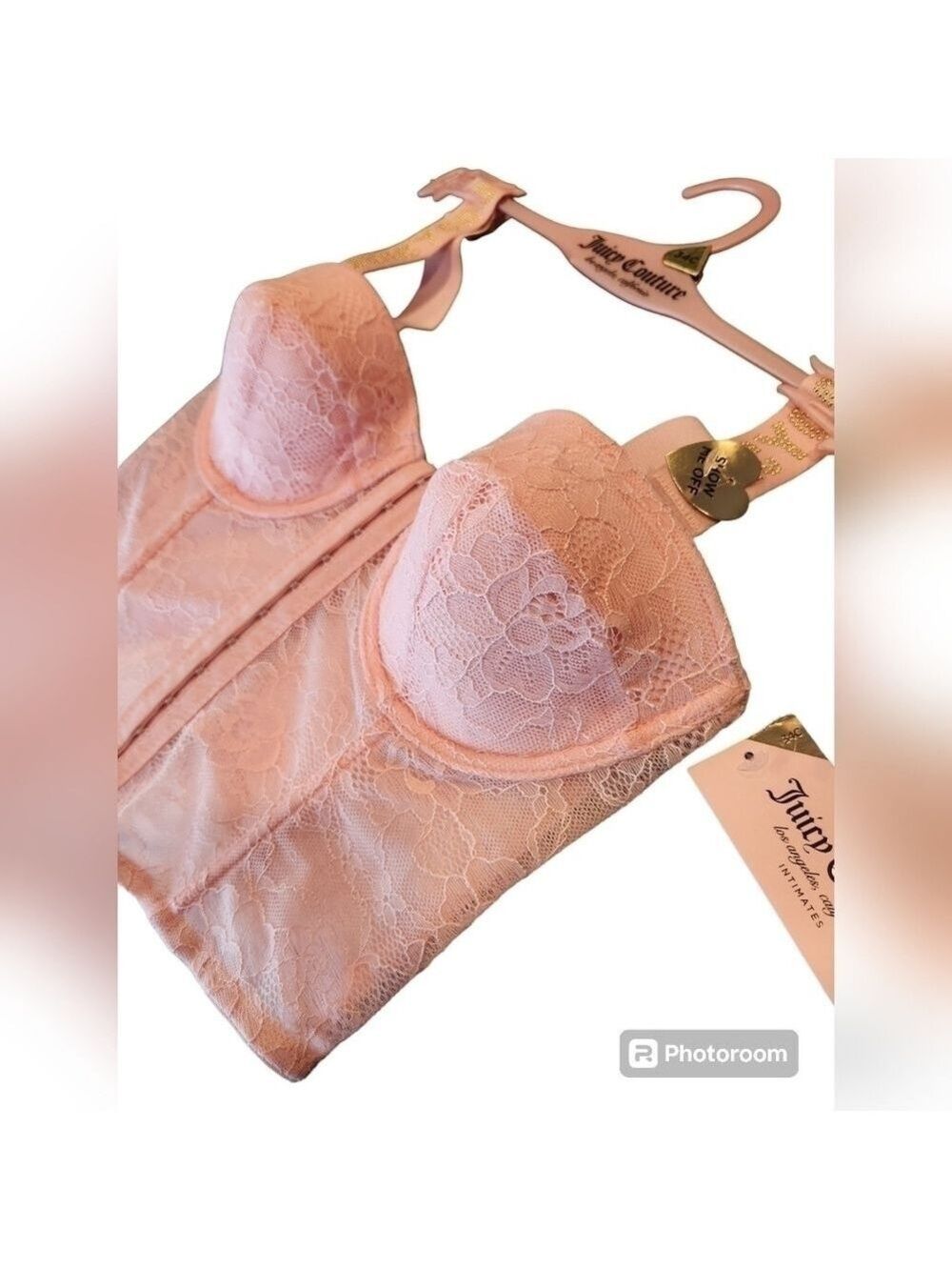 Juicy Couture Pink Lace Bustier, Gold Studded Logo Straps, 34C, New With Tags - Picture 4 of 10